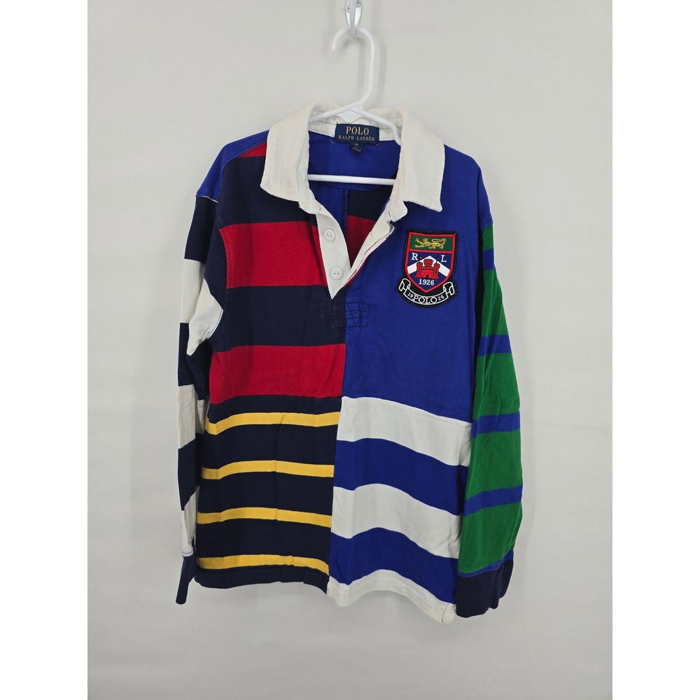 Polo Ralph Lauren Boys M 10-12 Rugby Shirt Colorblock Stripe CrestPatch Blue Red